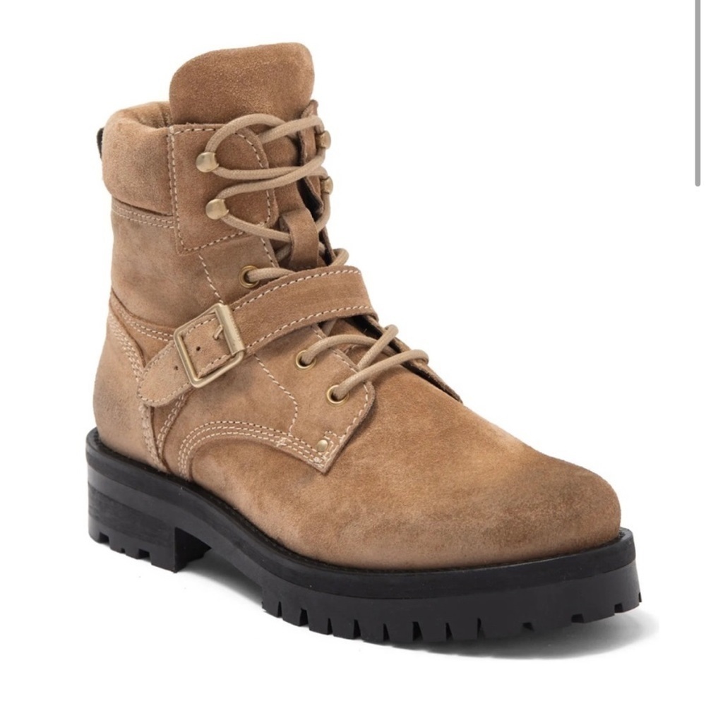 New in Box ALL SAINTS Paulina Suede Moto Boot Desert Sand Size US 8 EU 38